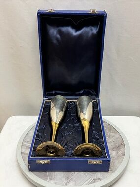 Vintage EPNS Champagne Flutes Pair Silver Gold Tone India Blue Case 10.5”